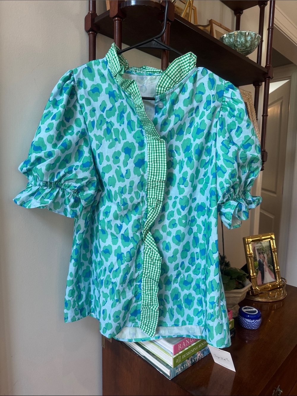 Women’s  Green & Aqua Print Ruffle-Trim Top button down
